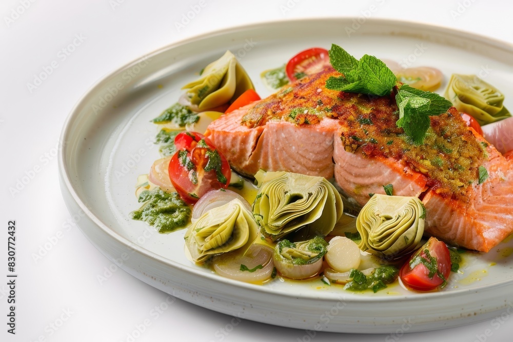 Artichoke Crusted Salmon with Mint Vinaigrette and Beefsteak Tomatoes Artichoke Crusted Salmon with Mint Vinaigrette and Beefsteak Tomatoes