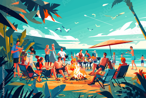 A lively beach party with a bonfire and people enjoying the scene. Flat vector illustration.
