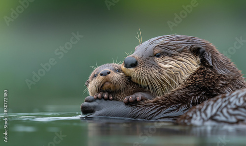 AI generated illustration of an otter carries its baby in the water
