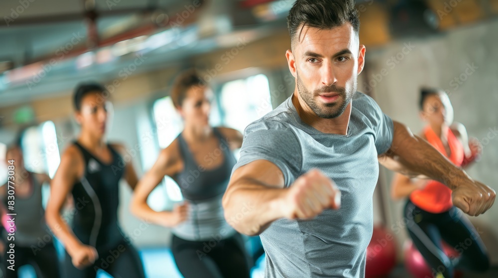Energetic Fitness Trainer Leading Motivational Workout Session in Well-Equipped Gym Energetic Fitness Trainer Leading Motivational Workout Session in Well-Equipped Gym