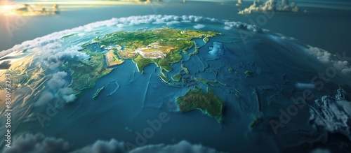 Panoramic Detailed World Map Illustration: Striking Blue Oceans and Green Landmasses with White Cloud Accents - Ideal for Environmental Studies and Travel Themes