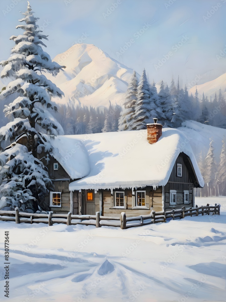 Naklejka premium Winter Cottage House Nature Oil Painting Art