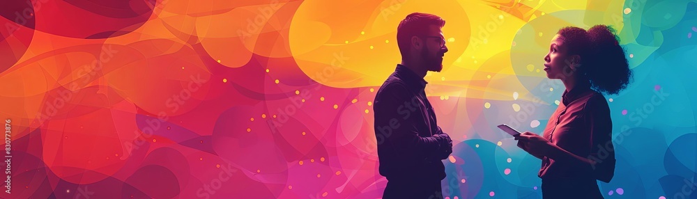 Naklejka premium A customer service representative reviewing customer feedback, copy space, continuous improvement theme, vibrant, multilayer, team meeting backdrop
