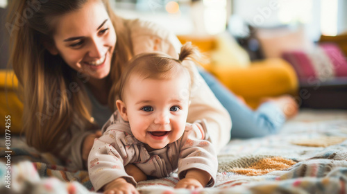 Beautiful young mother spends time with her baby girl playing on the sofa in a cozy well-lit room with white walls. Happiness  joy and comfort create a special moment