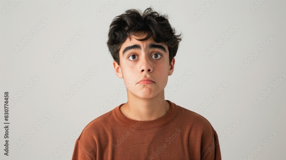 Frightened adolescent male against a plain white backdrop Frightened adolescent male against a plain white backdrop