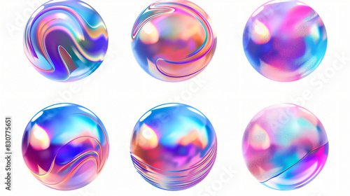 Bold holographic wavy sphere shapes set isolated. Irid