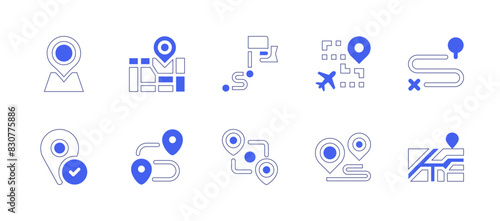 Destination icon set. Duotone style line stroke and bold. Vector illustration. Containing route, tourist, location, map, citymap, locationpin, destination, direction, flightroute. photo