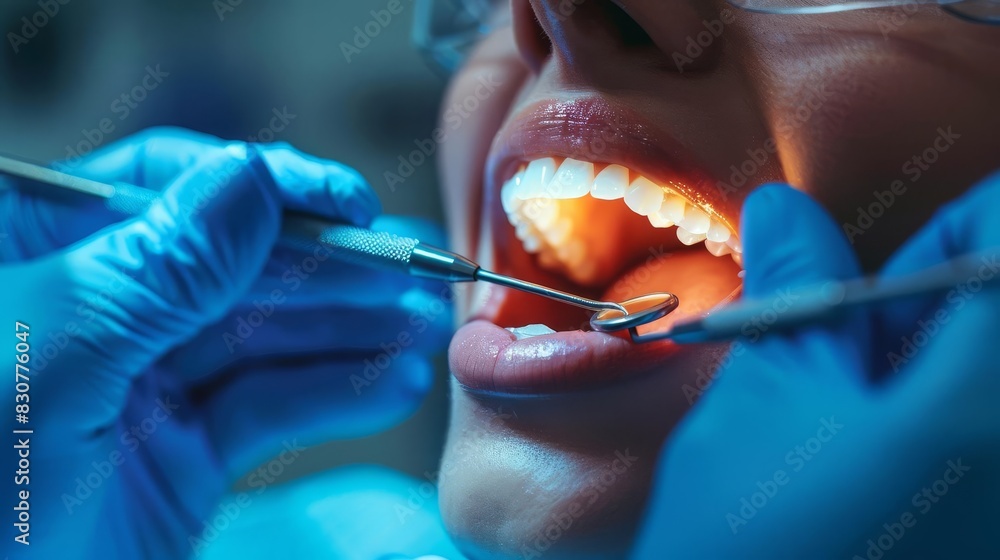A dentist applying a dental filling, close up, cavity treatment theme, futuristic, manipulation, modern clinic backdrop