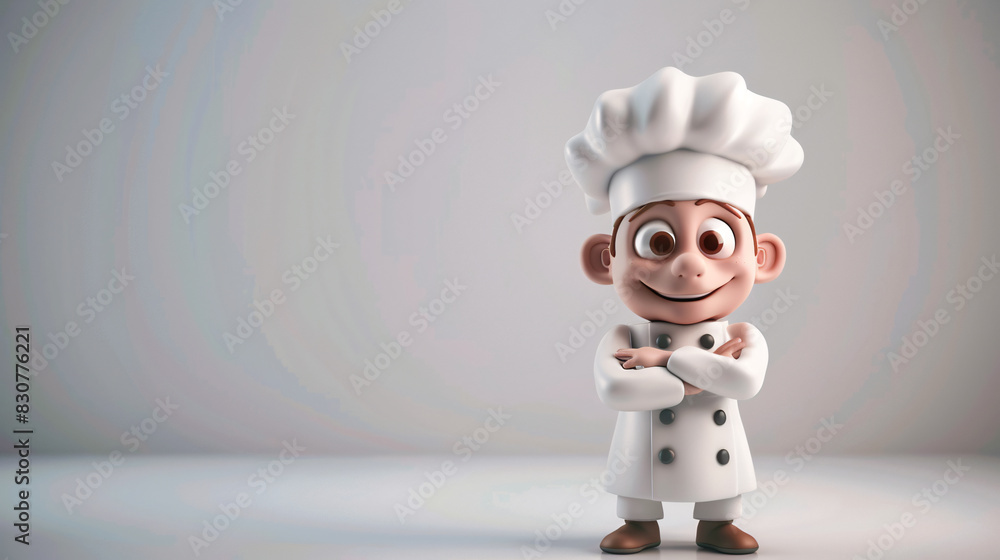 3D Chef: The cartoon chef mascot, dressed in a crisp chef's uniform with a big, puffy hat, exudes culinary expertise and charm. With welcoming smile and a twinkle in his eye,this 3D character captures 3D Chef: The cartoon chef mascot, dressed in a crisp chef's uniform with a big, puffy hat, exudes culinary expertise and charm. With welcoming smile and a twinkle in his eye,this 3D character captures