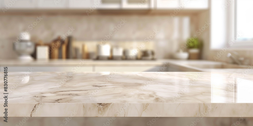 Empty kitchen marble countertop in light colors with blurred background behind, advertising banner. Empty kitchen marble countertop in light colors with blurred background behind, advertising banner.