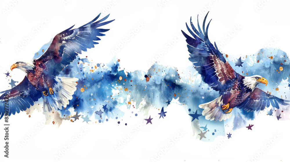 4th of july, independent day, Two majestic bald eagles soar through a sky filled with stars and blue watercolor clouds.