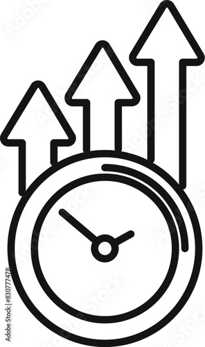 Black and white line art icon of a clock with upward arrows symbolizing increasing efficiency and progress