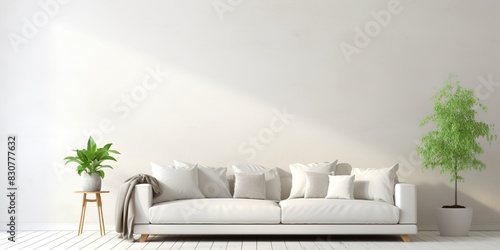 White living room interior with white sofa, space for text, photographic