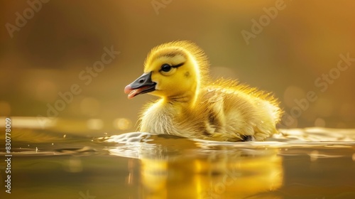 A fluffy yellow gosling swims in calm water, its beak open in a cheerful chirp photo