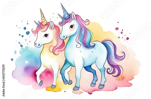 Watercolor unicorns in full growth  fabulous horses in pastel colors on a background of splashes. The concept of children s invitations  posters  logo for children s products  stickers  greeting cards