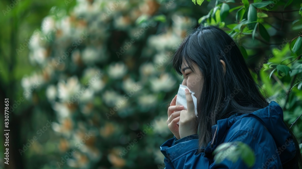 Fototapeta premium The woman sneezing outdoors