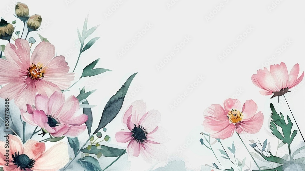 Fototapeta premium Elegant Watercolor Floral Banner with Pink Cosmos Blooms