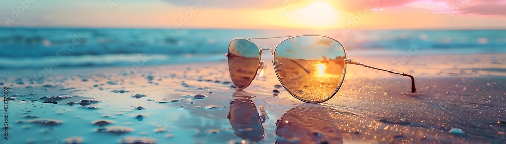 © Thares2020 - Designer Sunglasses on Captivating Beach Setting with Sunlight Reflection © Thares2020 - Designer Sunglasses on Captivating Beach Setting with Sunlight Reflection