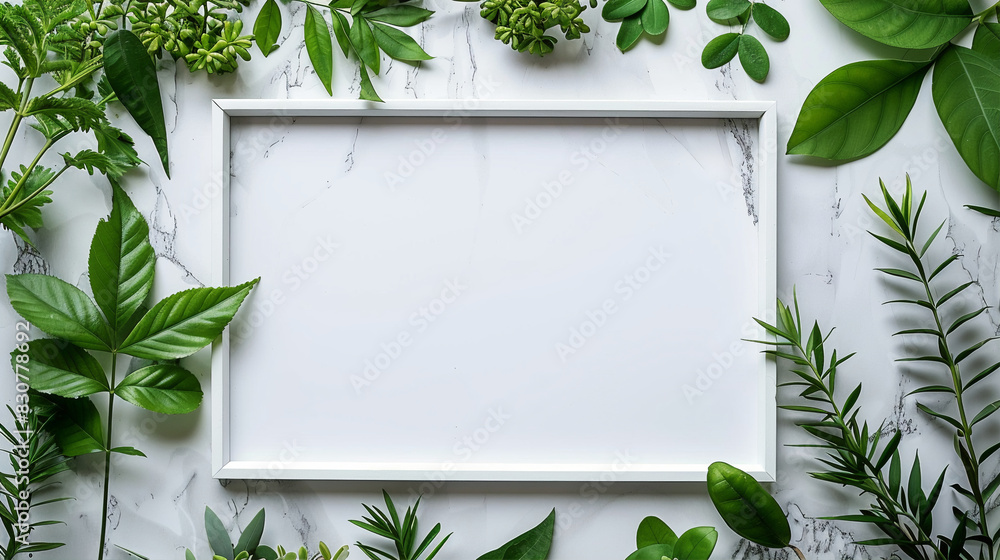 Marble background with white frame and green leaves around the edges. Design layout with place for text. Generative AI Marble background with white frame and green leaves around the edges. Design layout with place for text. Generative AI