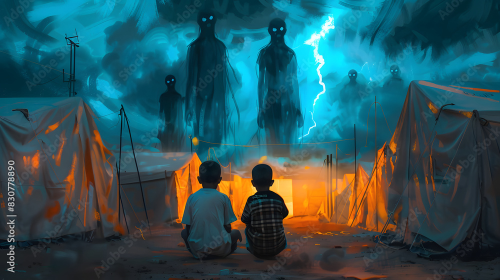 two kids sitting infront of a white refugee tent in a refugee camp two kids sitting infront of a white refugee tent in a refugee camp