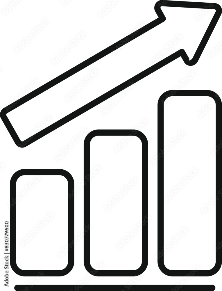 Simplistic black line art icon of a bar graph with three increasing bars and an upward arrow, symbolizing growth Simplistic black line art icon of a bar graph with three increasing bars and an upward arrow, symbolizing growth