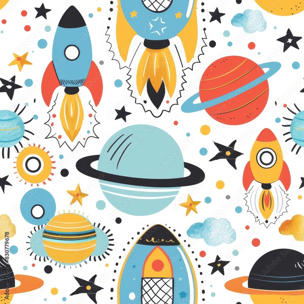 Colorful Space Pattern with Rockets, Planets, and Stars Colorful Space Pattern with Rockets, Planets, and Stars