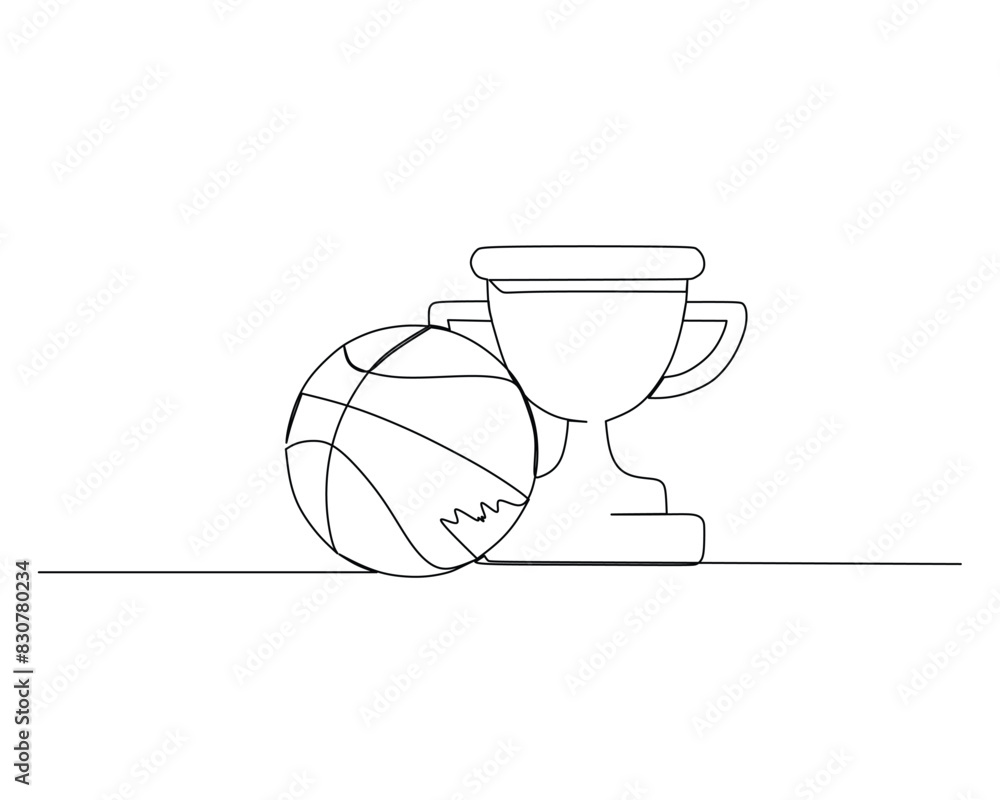 Continuous single line drawing of basketball and winning trophies. basketball tournament event . Design illustration Continuous single line drawing of basketball and winning trophies. basketball tournament event . Design illustration