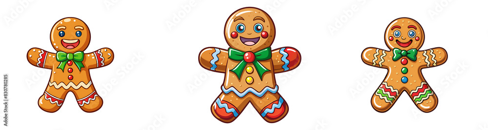 Set of Cartoon gingerbread man with a bright smile and colorful decorations isolated on transparent background. Variety of cheerful gingerbread cookie character with festive icing and bow Set of Cartoon gingerbread man with a bright smile and colorful decorations isolated on transparent background. Variety of cheerful gingerbread cookie character with festive icing and bow