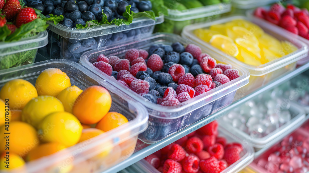 frozen fruits in plastic containers on the shelf of an open refrigerator. 