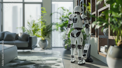A robot does housework in a futuristic home