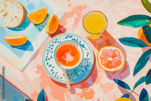 Food on The Table greek table with fruit, juice and bread, oil painting