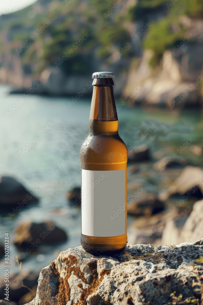 Serene Beachside With Single Beer Bottle on Rocky Shore Serene Beachside With Single Beer Bottle on Rocky Shore