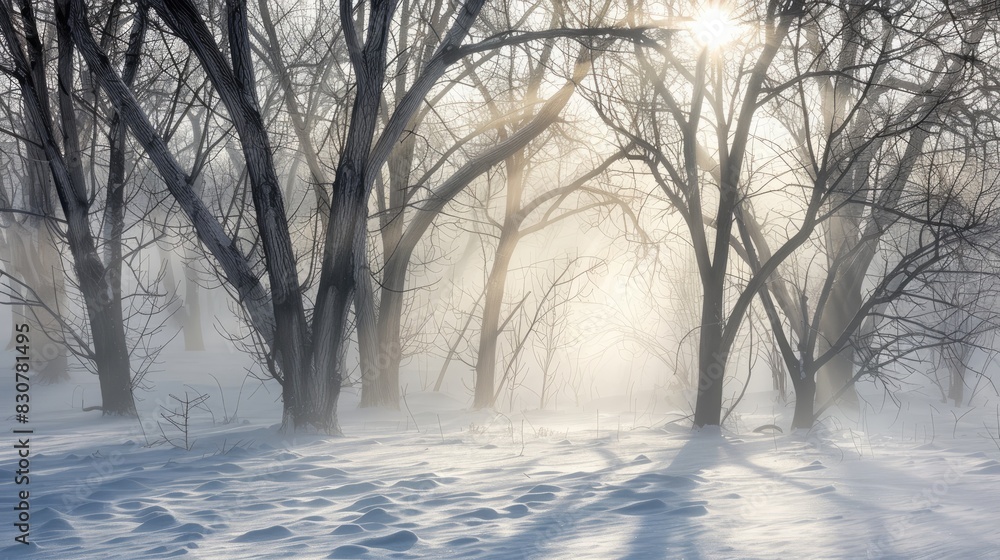 Sunlight filtering through bare winter trees