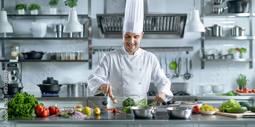 Fototapeta Naklejka Na Ścianę i Meble -  A professional chef is captured preparing a gourmet meal in a bustling modern kitchen. Advertising banner.