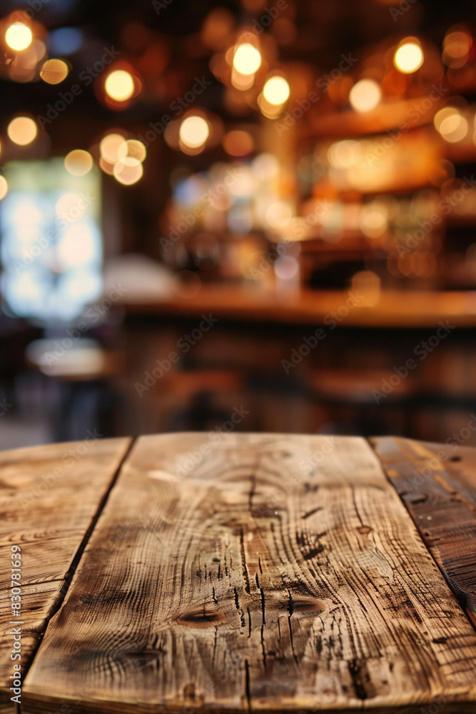 Generative AI image of a wooden round table and pub or bar blur background. Generative AI image of a wooden round table and pub or bar blur background.