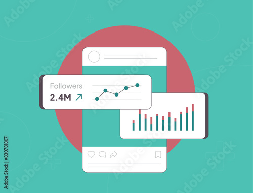 Social Media Engagement Rates for Tracking Followers Growth KPI Metrics. Audience engagement and performance monitoring. Social media followers flat vector illustration with icons