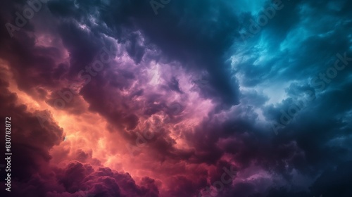 Abstract stormy clouds with vibrant purple and blue hues.
