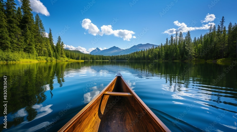 Canoe on calm lake with forested shoreline and mountain backdrop under blue sky with clouds.