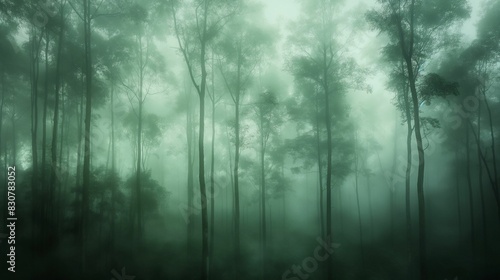 Tall trees in foggy forest.