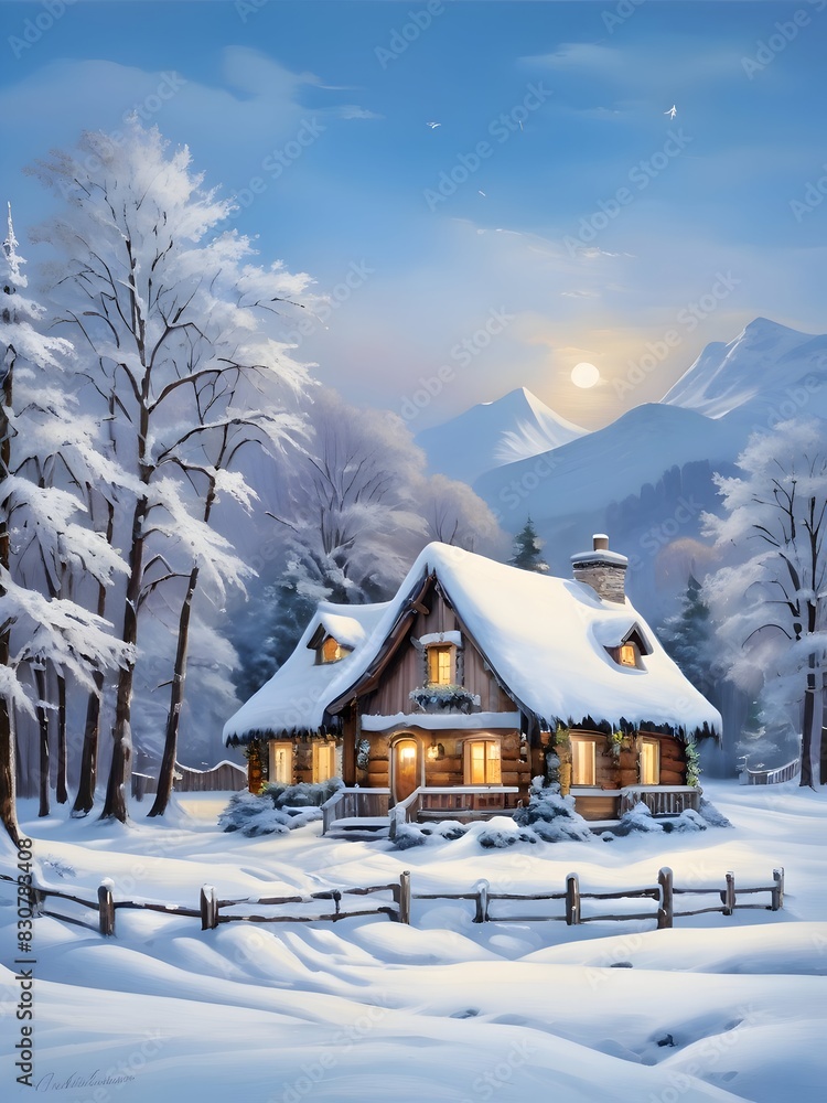 Christmas Winter Cottage House Nature Oil Painting Art
