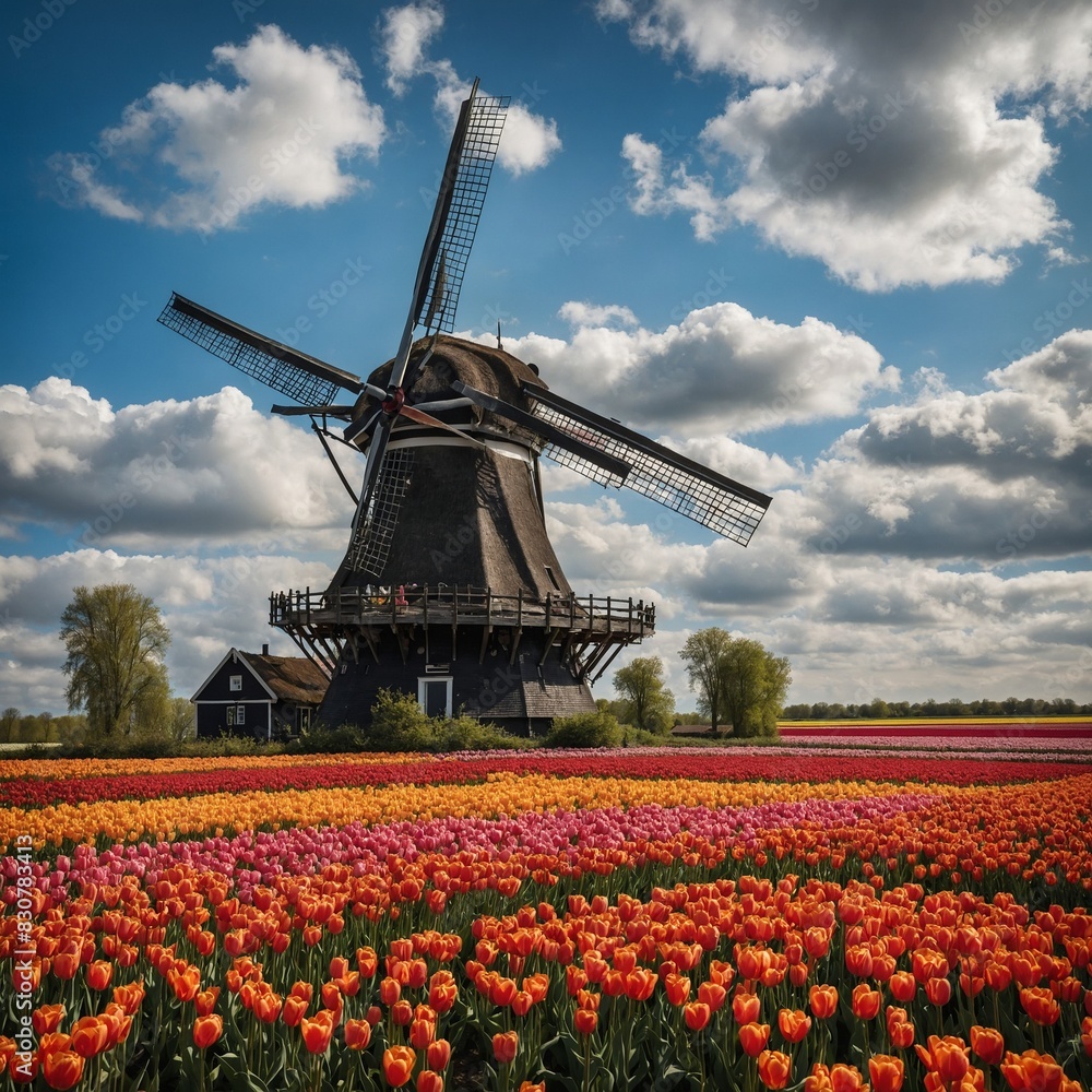 A picturesque scene of a traditional windmill in the Dutch countryside, surrounded by tulip fields.


