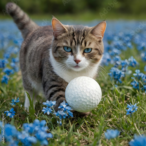 A charming cat toying with a white ball in a field of blue. (This focuses on the cat's charm) © boubker