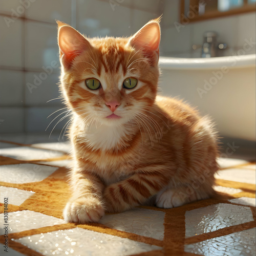 A playful orange tabby, sporting a pair of miniature white pants, sits atop the toilet, completely absorbed in batting at a sleek