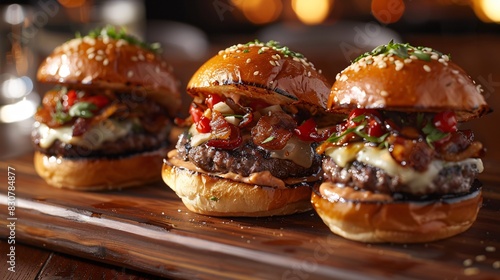 A gourmet slider trio that offers a tantalizing taste of different flavor profiles. Picture three mini burgers each with their own unique toppings: one topped with creamy brie cheese and caramelized photo