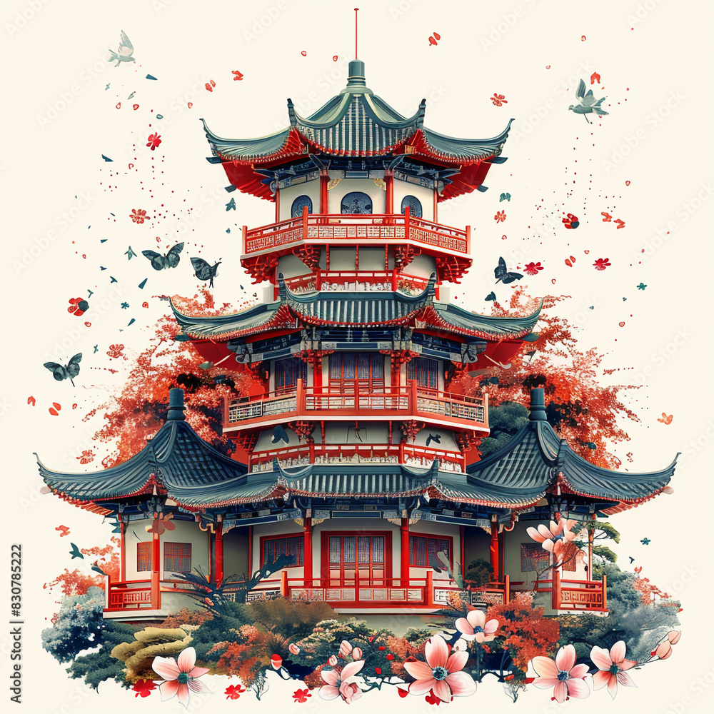 Fototapeta premium Pagoda Surrounded by Flowers and Butterflies