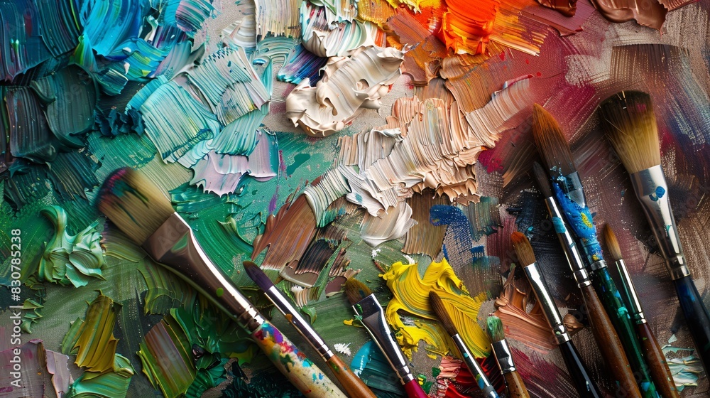 Abstract image of an artist's colorful palette and brushes, symbolizing the fusion of tradition and innovation in the creative process Abstract image of an artist's colorful palette and brushes, symbolizing the fusion of tradition and innovation in the creative process