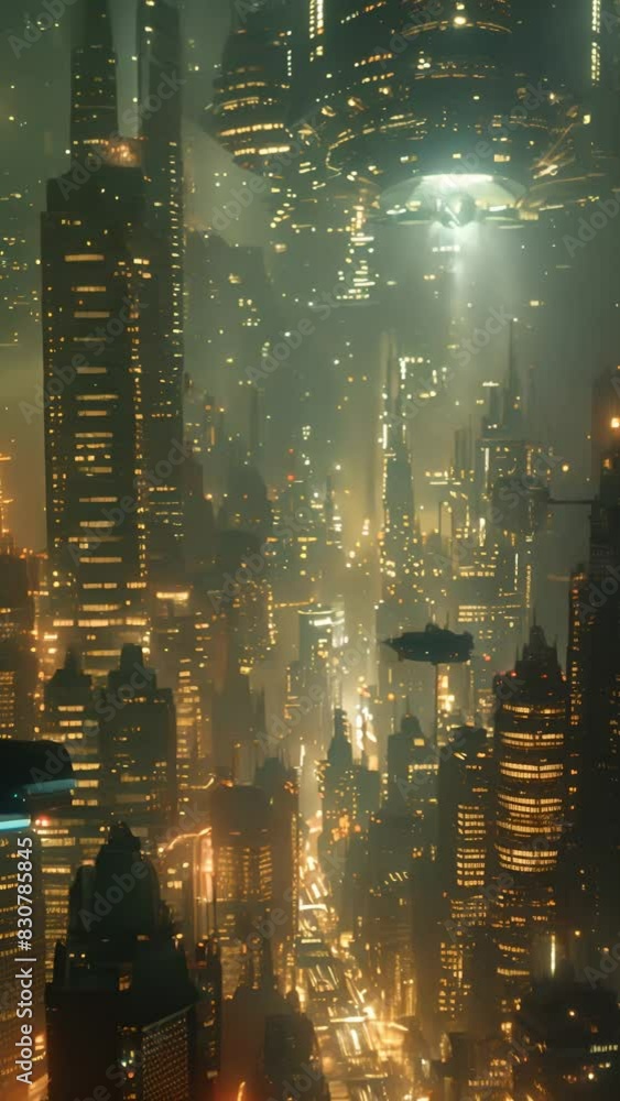 A futuristic cityscape at night with towering skyscrapers, illuminated streets, and a large spaceship hovering above A futuristic cityscape at night with towering skyscrapers, illuminated streets, and a large spaceship hovering above
