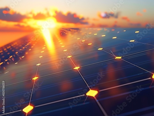 Close-up of solar panels at sunset, highlighting clean energy