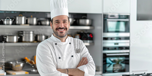 Professional chef wearing professional clothes and smiling broadly in a modern kitchen. Advertising banner. © alsu0112