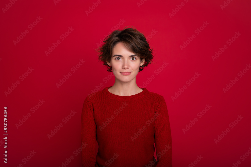 Close up portrait of a confident and concentrated young woman with short hairstyle in red sweater isolated on a red background. Close up portrait of a confident and concentrated young woman with short hairstyle in red sweater isolated on a red background.
